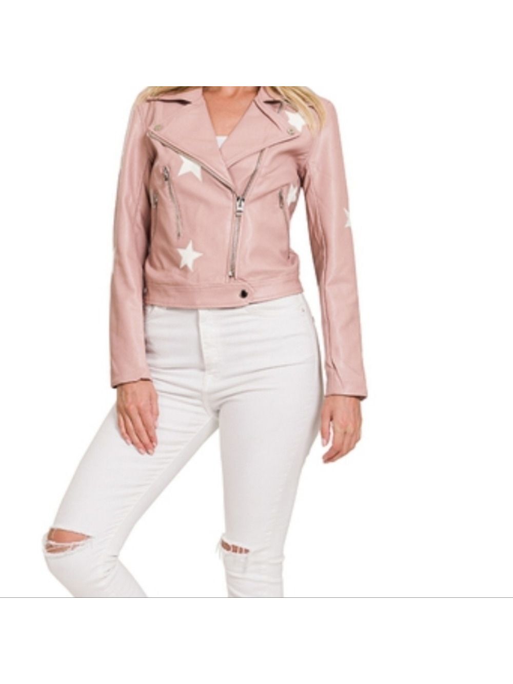 Zenana Blush Star Faux Leather Moto Jacket – Edgy Chic Vibes | Blush Pink
